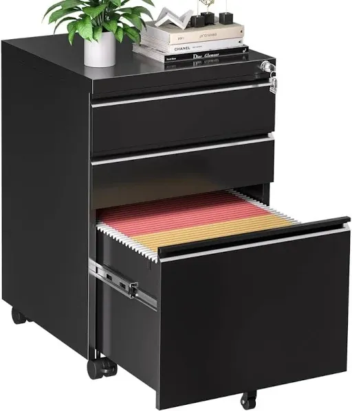 3 Drawer File Cabinet for Home Office, Under Desk Mobile Filing Cabinet with Lock for A4-Size/Letter-Size/Legal-Size, Fully Assembled Except Casters, Black