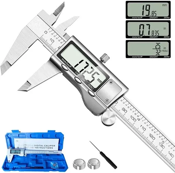 Digital Caliper Measuring Tool, Stainless Steel Vernier Caliper Digital Micrometer with Large LCD Screen, Easy Switch from Inch Metric Fraction, 6 Inch Caliper Tool for DIY/Household