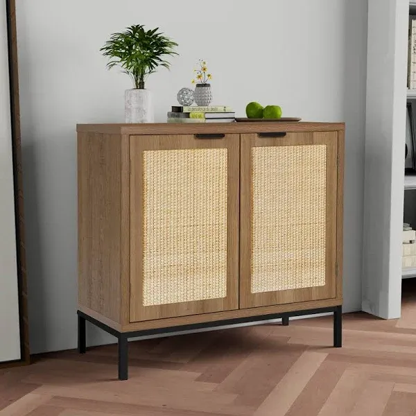 Anmytek Rustic Oak Accent Storage Cabinet with 2 Rattan Doors