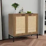 Anmytek Rustic Oak Accent Storage Cabinet with 2 Rattan Doors, Mid Century Natural Wood Sideboard Furniture Cabinet with Storage for Kitchen, Living Room H0045