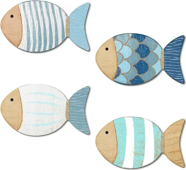 Putuo Decor 4 Ps Wood Fish Nautical Beach Wall Decor Wooden Fish Wall Art Fish Wall Sculpture Decor Lake House Ocean Decor Vintage Blue Fish Ornaments for Home Bathroom Bedroom Kid's Room