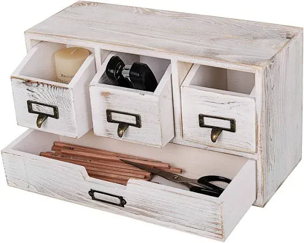 Rustic Wood Desktop Office Organizer Drawers Storage Cabinet Cosmetic jewelry storage Kitchen household coffee spice rack with 4-Drawer (white)