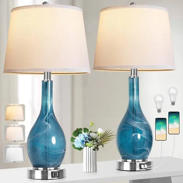 Maxax Glass Table Lamps Set of 2 with USB Charging Port, 3 Way Dimmable Nightstand Lights, Modern Bedside Lamp with White Shade for Bedroom, Living Room, Blue & Glod Finish (ETL Certified)