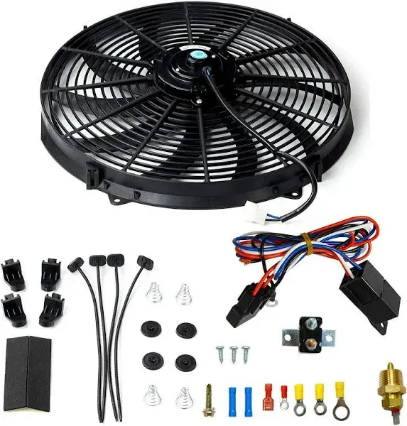 BLACKHORSE-RACING 16" 16 inch Electric Radiator Fan High 3000 + CFM Thermostat Wiring Switch Relay Kit Black