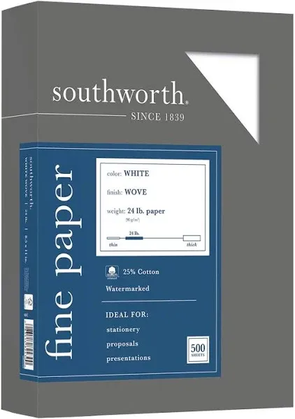 Southworth&reg; 25% Cotton Business Paper, 8 1/2&quot; x 11&quot;, 24 Lb, White, Box Of 500