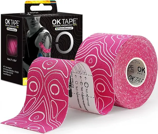 Ok Tape Pro Kinesiology Tape, 2Inch x Long Roll 16ft Free Cut Tape, Elastic Athletic Tape Therapeutic Latex Free, Pink+W