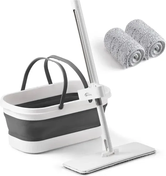 Efficient Cleaning Flat Mop &amp; Foldable Bucket with Wheels – 2 Microfiber Pads