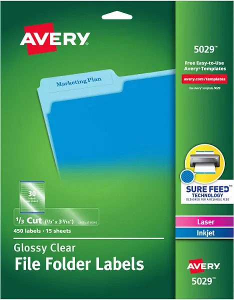 Avery® Clear Permanent File Folder Labels with Sure Feed Technology, 0.66 x 3.44, Clear, 30/Sheet, 15 Sheets/Pack (AVE5029)