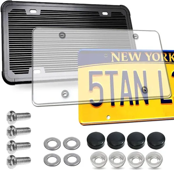 Silicone License Plate Frame with Cover Combo- Flat Clear License Plate Shield and Rustproof Black Car Tag Holder, 1 Set Unbreakable Transparent Protector with Stainless Steel Screws Caps