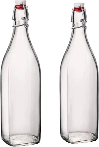 Bormioli Rocco Set Of 2 Square Swing Top Glass Bottles With Airtight Hermetic Lid, Bottles Kombucha, Beer, And Limoncello