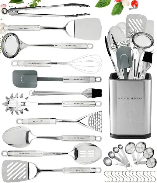 Home Hero 32 Pcs Stainless Steel Kitchen Utensils Set Nonstick Stainless Steel Cooking Utensils Set Heat Resistant Kitchen E