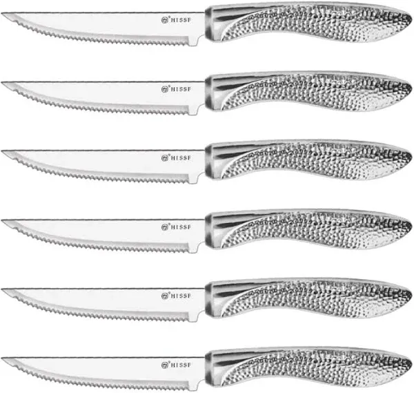 Serrated Steak Knives, Stainless Steel Sharp Blade Flatware Steak Knives Set of 6, Unique Hammered Pattern Hollowed Handle,4.5 In,For Kitchen Restaurant Tableware, Dishwasher Safe