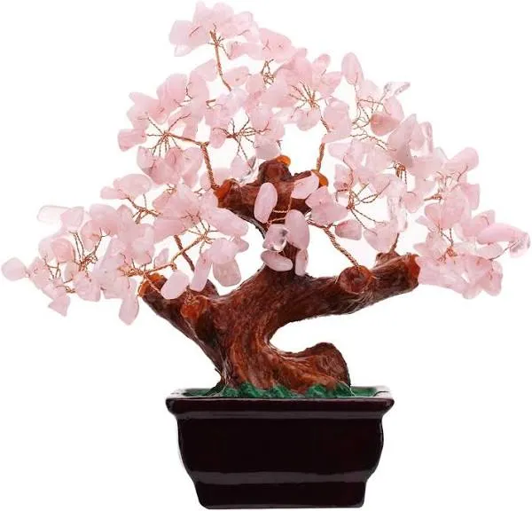 Parma77 Feng Shui Natural Rose Quartz Crystal Money Tree Bonsai Style Decoration