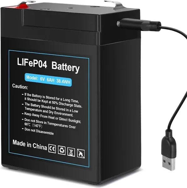 Upgraded Rechargeable 6V 6Ah LiFePO4 Battery with USB Charge Design, 6 Volt Lithium Battery 2000+ Cycles with BMS (F1 Terminals) for Ride On Toys, Deer Feeder