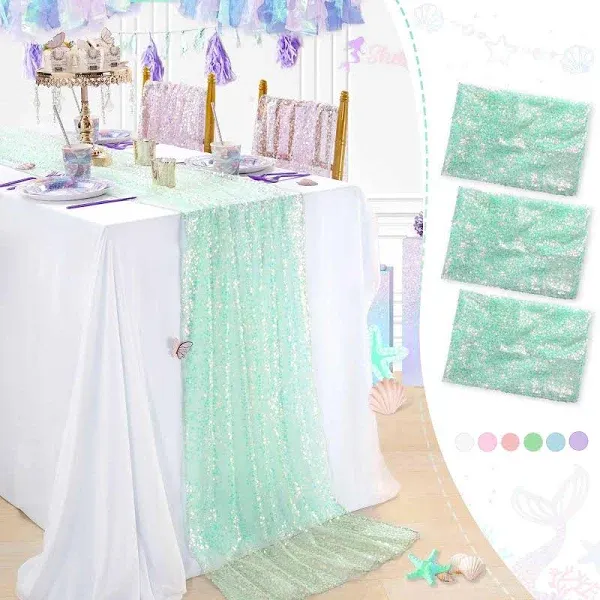 Green Table Runner 3 Pcs Sparkle Iridescent Table Runners 25x120 Inches Mermaid Themed Birthday Party Decorations