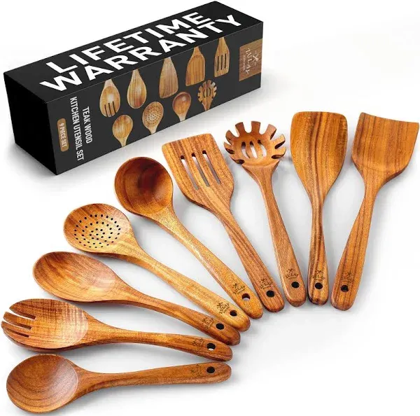 Zulay Kitchen Natural Teak Wooden Utensils for Cooking