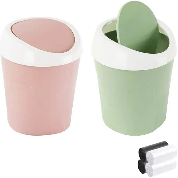 SITAKE 2 Pcs Plastic Mini Wastebasket Trash Can with 120 Trash Bags, Tiny Desktop Waste Garbage Bin with Swing Lid for Home, Office, Kitchen, Vanity Tabletop, Bedroom, Bathroom (Green + Pink)