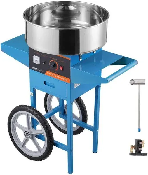 VEVOR Electric 1000W Commercial Cotton Candy Machine with Cart & Cover Stainless Steel Bowl Sugar Scoop & Drawer Blue