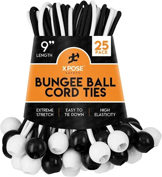 Xpose Safety Bungee Ball Cords 9" 100 Pack Heavy Duty Black Stretch Rope with Ball Ties for Canopies, Tarps, Walls, Cable Organization