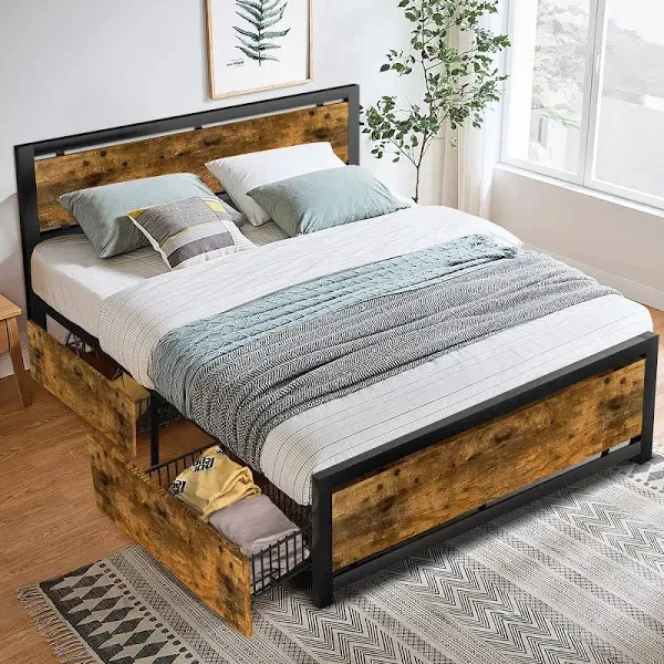 Full Bed Frame with 4 Drawers Storage, Platform Bed Frame with Headboard and Footboard, Heavy Strong Metal Support Frames, Noise-Free, No Box Spring Needed, Easy Assembly, Vintage Brown