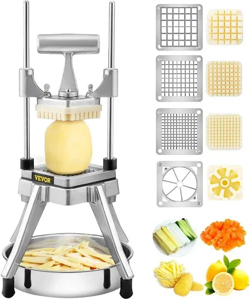 VEVOR Commercial Vegetable Fruit Chopper, Stainless Steel French Fry Cutter w/ 4 Blades 1/4" 3/8" 1/2", Vegetable Chopper Dicer w/ Stainless Bowl, Heavy Duty Cutter for Potato Tomato Onion Mushroom | VEVOR US