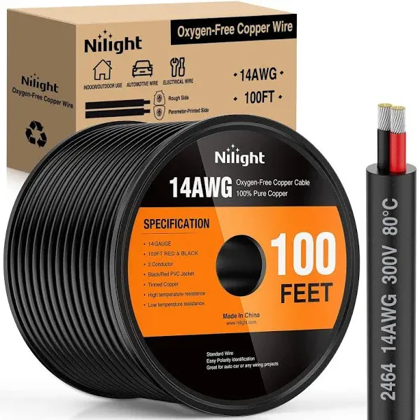 Nilight 30FT 14AWG Oxygen-Free Copper Wire Red Black Electrical Wire Stranded PVC Cord 2 Conductor Parallel 300V DC Flexible Extension Cords for LED Strips Lamps Lighting