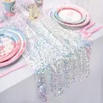 QueenDream White Table Runner: 25x120 Inches Long 10ft - Iridescent Sequin Table Runner Glitter Fabric for Party Boho Wedding Summer Mermaid Birthday