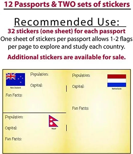 Passport - Little passports for kids - Travel scrapbook - Set with travel stickers world flags - Pretend play, party favors, airplane toy, journal notebooks, geography, classroom social study