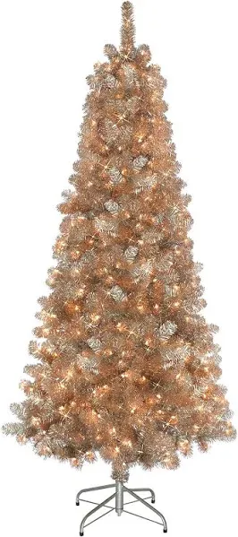 Puleo International - 6.5 Foot Pre-Lit Rose Gold Tinsel Artificial Christ Golden