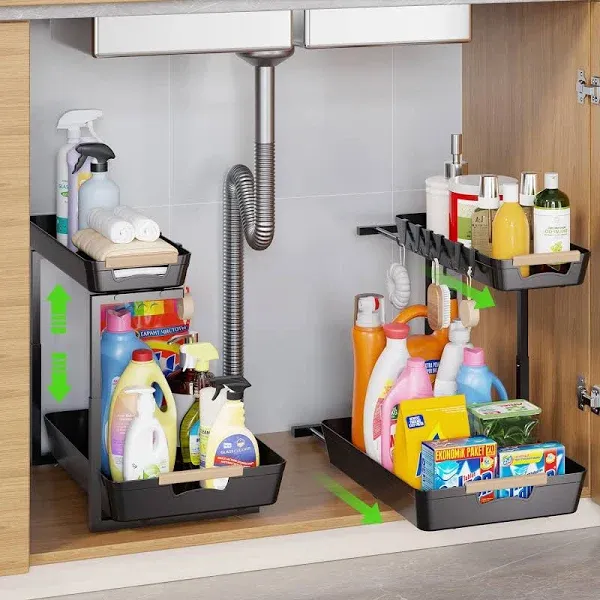 Under Sink Organizer, 2 Tier Under Sink Organizers And Storage Metal Slide Out Pull Out Cabinet Organizer Sliding Drawer Organizer