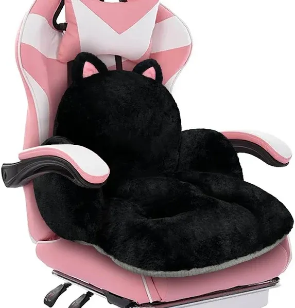 Cute Chair Cushion, Gaming Chair Cushion with Backrest Non-Slip, Comfy Seat Cushion for Office Desk, Kawaii Chair Cushions for Gamer, Soft Chair Cushion for Room Bedroom Decor（Black Kitty）