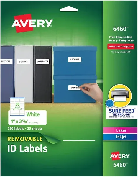 Avery 6460 Removable ID Labels 1 x 2 5/8 White 750/Pack