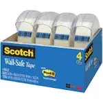 Scotch - Wall-Safe Tape with Dispenser, 1" Core, 0.75" x 54.17 ft, Clear, 4/Pack