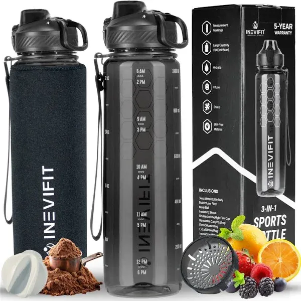 INEVIFIT 3-in-1 Sports Water Bottle 34oz 1L Hydration Tracking Water Bottles with Daily Time Marker BPA Free Tritan Leak Proof with Fruit Infuser Filter, Mixer Ball, Insulating Sleeve & Carrying Strap