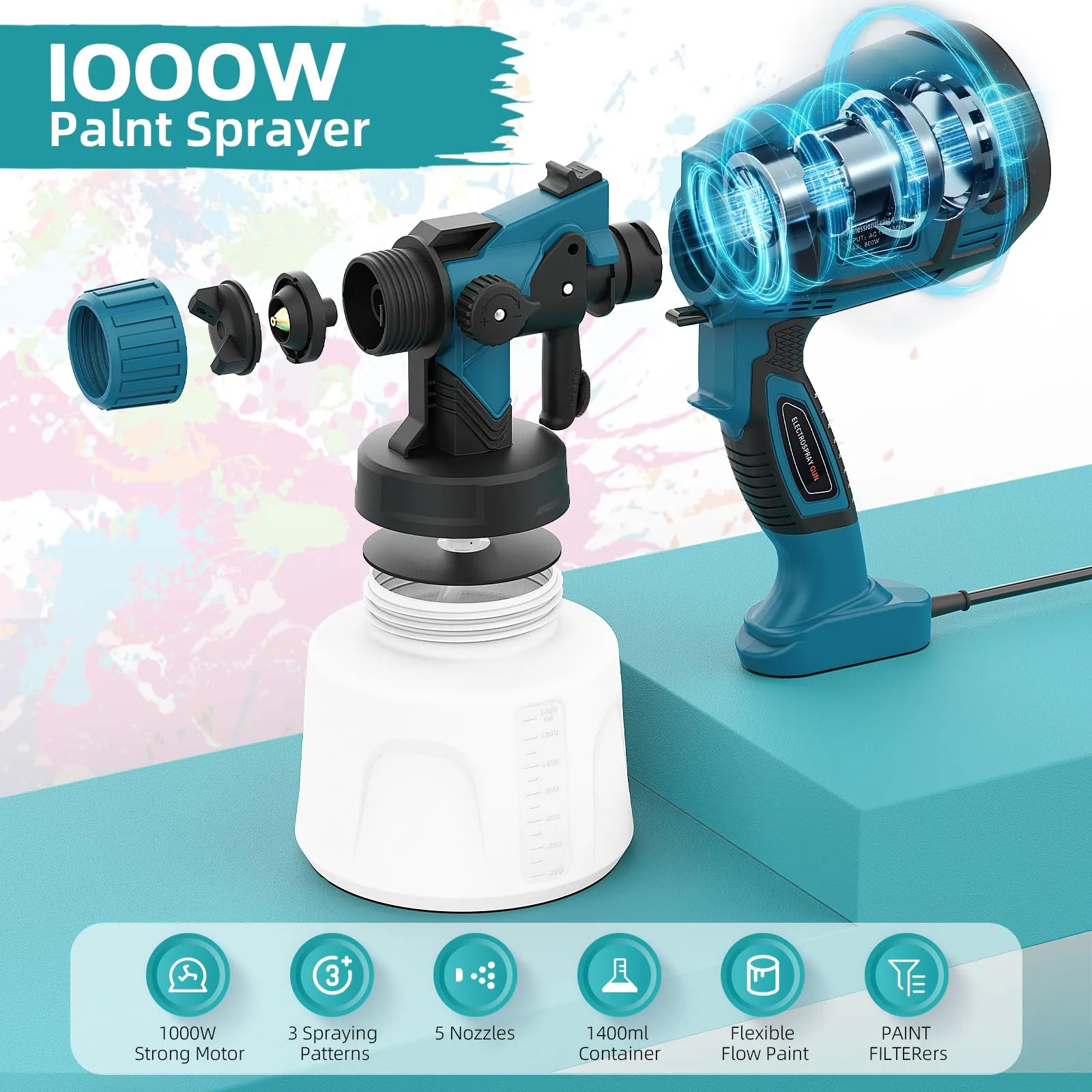 Electric Paint Sprayer Gun - Spray Paint Gun with 5 Nozzles &amp; 3 Patterns,1400.<wbr/>..