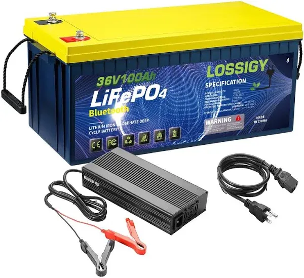 LOSSIGY 36V 100AH Golf Cart Lifepo4 Battery with 36 volt 10A Lithium Charger, Prefect for Trolling Motor, Built in 100A Bluetooth BMS, Peak Current 500A(3-5s), 10 Yrs Lifespan