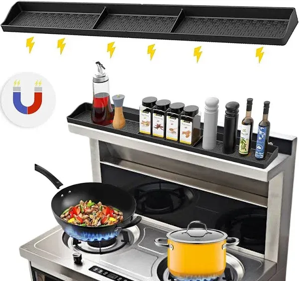 Stove Top Shelf 30 Inch - Silicone Strong Magnetic Heat Insulated Shelf - Black