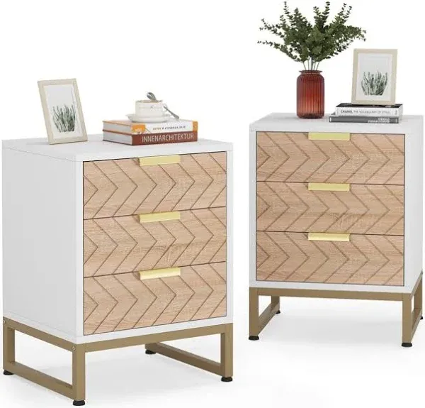 Tribesigns Nightstand Set of 2, White Gold Bedside Tables with 3 Drawers, for Bedroom Living Room