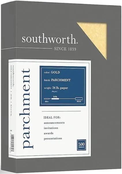 Southworth Parchment Specialty Paper, 24 lb Bond Weight, 8.5 x 11, Gold, 100/Pack