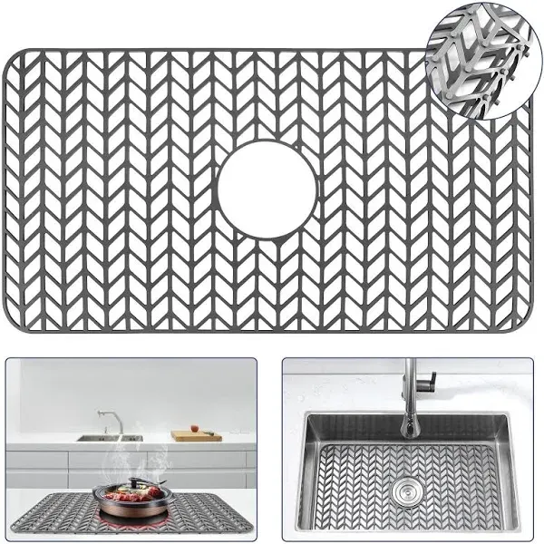 Silicone Sink Protector 26"x14" Center Drain Hole, Heat Resistant Non-slip Dishwasher Suitable, Large Sink Mat for Bottom of Farmhouse Kitchen Stainless Steel Sink