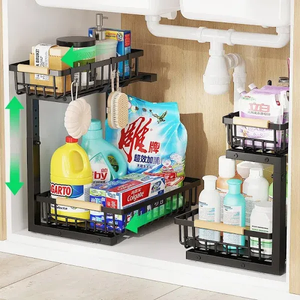 Under Sink Organizer, 2 Tier Under Sink Organizers And Storage Metal Slide Out Pull Out Cabinet Organizer Sliding Drawer Organizer