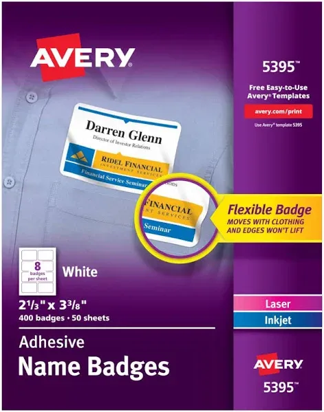 Avery Flexible Name Badge Labels, 2 1/3&#034; x 3 3/8&#034;, White With Blue Border, 400Pk