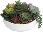 MyGift Artificial Succulent Pots, 8-Inch Modern Assorted Faux Succulents Plants Arrangement with White Round Ceramic Planter Pot