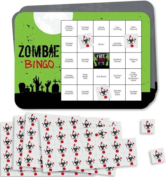 Big Dot of Happiness Zombie Zone - Bar Bingo Cards and Markers - Halloween or Birthday Zombie Crawl Party Bingo Game - Set of 18