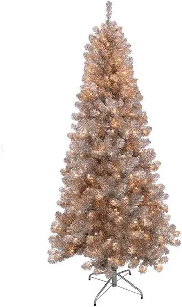 Puleo 6.5ft Pre-Lit Rose Gold Tinsel Artificial Christmas Tree