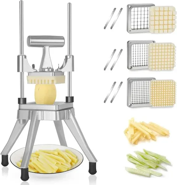 VEVOR Commercial Vegetable Fruit Chopper Stainless Steel French Fry Cutter w/ 4 Blades 1/4" 3/8" 1/2" Vegetable Chopper Dicer w/ Stainless Bowl