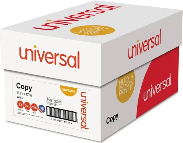 2,500 Sheets Universal White Copy Paper: 11&#034; x 17&#034;; 92 Brightness, 20 lb Weight