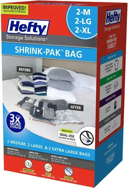 Hefty Shrink-Pak Clothes Storage Bags, 2 Medium, 2 Large, 2 XL