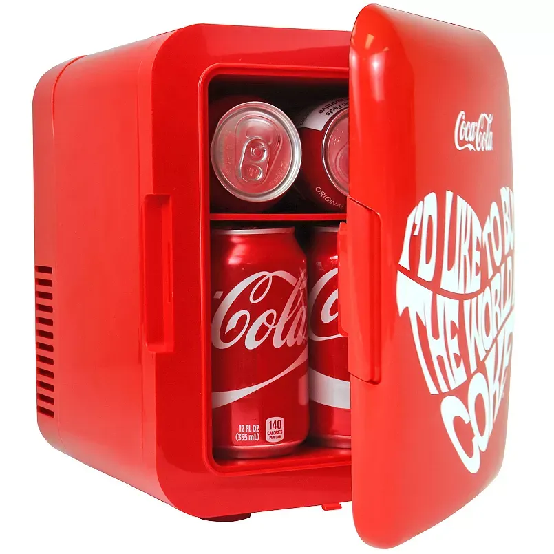 Coca-Cola Smile 1971 Series Portable 6 Can Thermoelectric Mini Fridge Cooler/Warmer, 4 L/4.2 qt Capacity, 12V DC/110V AC for Home, Dorm, Car, Boat, Beverages, Snacks, Skincare, Cosmetics, Medicine