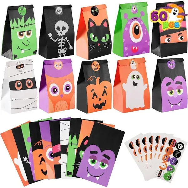 JOYIN 60 PCS Halloween Characters Paper Treat Bags, Trick or Treat Goodie Bags, Candy Bags with Stickers for Halloween Party Favor Supplies